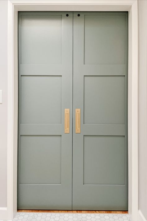 Benjamin Moore Intrigue double barn doors with brass inset pulls. Kelly Moore Swiss Coffee trim. Behr Chic Gray walls. Bedrosians Hexagon Marble floors. #barndoor #brasspulls #hexagontile Behr Chic Gray, Kelly Moore Swiss Coffee, Intrigue Benjamin Moore, Benjamin Moore Intrigue, Primary Ensuite, Walnut Creek California, Kelly Moore, Swiss Coffee, Double Barn Doors