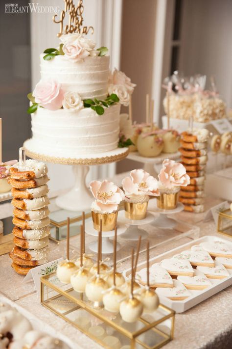 Blush and Gold Wedding Sweet Table, Gold Wedding Desserts, Wedding Sweet Table ideas | A Dreamy Winery Wedding with A Lush Floral Arbour | ElegantWedding.ca Elegant Wedding Dessert Table, Floral Arbour, Wedding Dessert Table Decor, Desserts Wedding, Sweet Table Wedding, Blush And Gold Wedding, Wooden Wedding Guest Book, Dessert Table Decor, Wedding Sweets