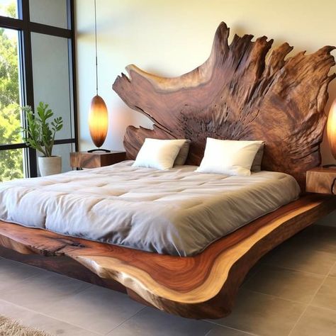 Live Edge Headboard, Live Edge Bed, Custom Bed Frame, Western Bedroom Decor, Wooden Sofa Set Designs, Western Bedroom, Pallet Beds, Live Edge Furniture, Wooden Sofa Set