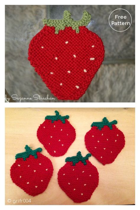 Strawberry Coaster Free Knitting Pattern Knitted Strawberry Pattern, Strawberry Knitting Pattern, Knitted Coasters Pattern Free, Knitting Strawberry, Strawberry Coaster, Knit Coasters, Knit Strawberry, Knit Coaster, Strawberry Dishes