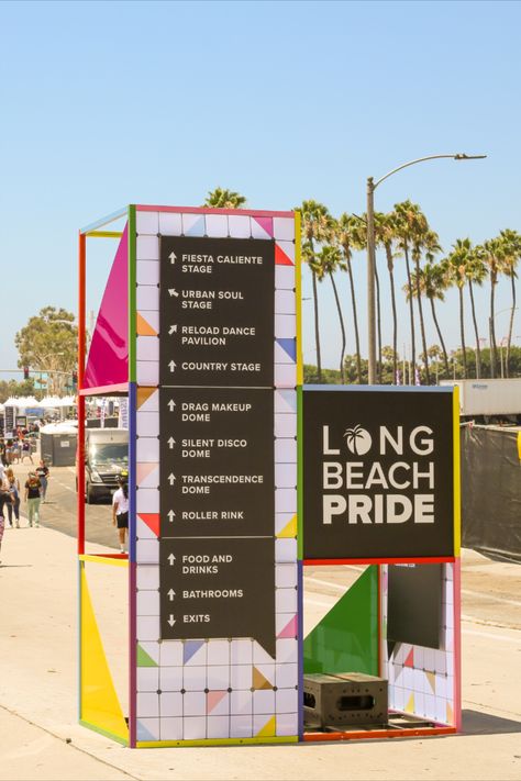 Wayfinding design at Long Beach Pride 2022! With applied branding and a fresh new visual identity, we created an engaging and gorgeous system of wayfinding signage throughout the fair grounds in beautiful Long Beach, CA! Event Wayfinding Signage, Festival Signage Design, City Signage Design, Wayfinding Signage Design Creative, Exhibition Branding Design, Festival Design Branding, Conference Wayfinding, Festival Identity Design, Event Signage Design