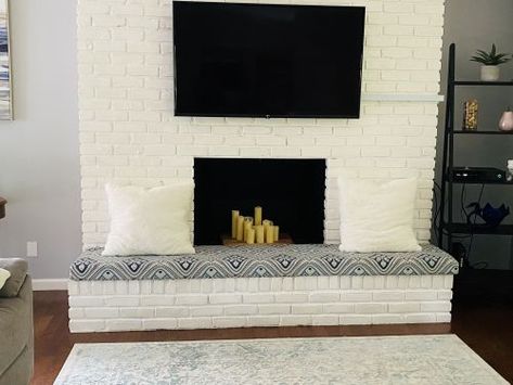 Fireplace Bench Cushion | Customer Photo Fireplace Hearth Seating Ideas, Fireplace Seating Cushion, Hearth Cushions Fireplaces, Fireplace Hearth Cushion, Fireplace Bench Seat, Fireplace Seat Cushion, Diy Fireplace Bench, Hearth Seating Ideas, Fireplace Bench Ideas