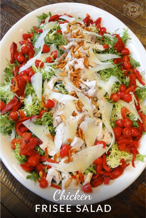 This chicken salad gives a nod to Spain, with Pimentón de La Vera-sautéed almonds, a Spanish Jerez vinegar dressing and shavings of manchego cheese. Frisee Salad, Samantha Maria, Spanish Chicken, Leafy Salad, Night Recipes, Manchego Cheese, Paprika Chicken, Chicken Salad Recipe, Rabbit Food