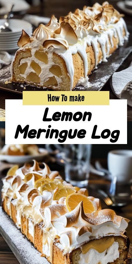 Lemon Meringue Yule Log Recipe | Perfect Holiday Dessert Indulge in the sweet and tangy delight of a Lemon Meringue Yule Log! This festive treat combines the vibrant flavors of lemon meringue pie with a fluffy sponge and decadent meringue topping. Perfect for holiday celebrations! #LemonMeringue #YuleLog #HolidayDessert #FestiveBaking ..... 70s Food, Yule Log Recipe, Meringue Topping, Festive Baking, Awesome Desserts, Desert Ideas, Cake Rolls, Baking Stuff, Festive Desserts