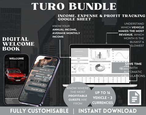 Turo Bundle Income Expense Profit Tracker Spreadsheet Google Sheets Welcome Book Rental Car Profit Spreadsheet for Turo Hosts Turo Car Rental, Profit Tracker, Book Rentals, Google Spreadsheet, Rental Business, Rental Car, Expense Tracker, Google Sheets, Cool Tools