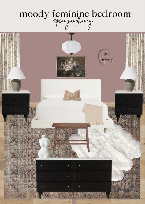 Mauve Black And White Bedroom, Glam Industrial Bedroom, Modern Feminine Bedroom Luxury, Feminine Condo Decor, Modern Mauve Bedroom, Mauve Master Bedrooms Decor, Fern Nightstand, Mixing Patterns Bedroom, Feminine Nightstand