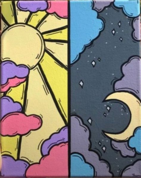 Moon Diagram, Diy Canvas Art Easy, Half Sun, Sun And Moon Drawings, Posca Marker, Trippy Painting, Posca Art, Canvas Drawing, Small Canvas Paintings