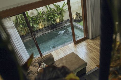 Pool View From Living Room, Living Room With Pool View, Small Pools Backyard, Jimbaran Bali, Small Villa, Corridor Design, Small Swimming Pools, Small Pool Design, Small Pools