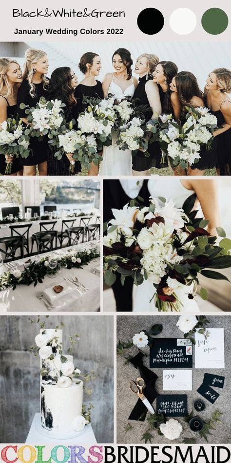 Wedding Color Combos Black, Wedding Color Palette With Black, Modern Wedding Color Schemes, Wedding Color Schemes Black, White And Black Wedding Cake, Black And White Winter Wedding, Wedding Colors 2024, January Wedding Colors, Black And White Wedding Theme