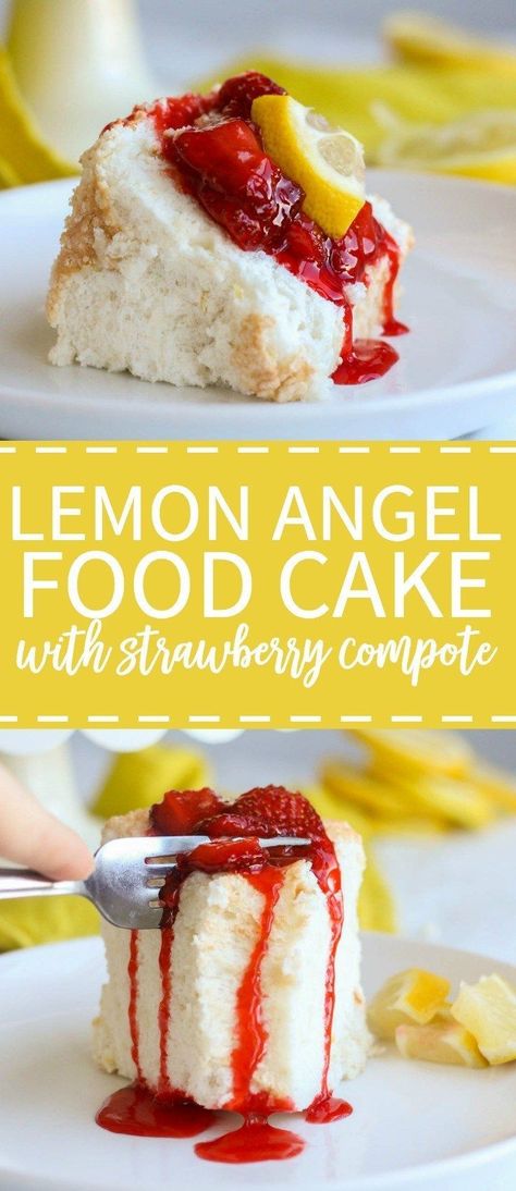 Light and fluffy, this lemon angel food cake melts in your mouth and packs a powerful citrus punch. Made with fluffy egg whites and lots of lemon zest, this cake recipe will be your new go-to for spring and summer entertaining. Serve it with strawberry compote on top for a bright bite of fruity flavor. Lemon Angel Food Cake, Citrus Punch, Angel Food Cake Pan, Cake With Strawberry, Dessert Cakes, Strawberry Compote, Summer Baking, Strawberry Cakes, Lemon Desserts