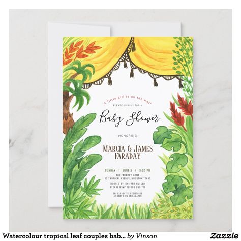 Watercolour tropical leaf couples baby shower invitation Watercolour Splatter, Hawaiian Wedding Invitations, Beach Save The Date, Palm Tree Wedding Invitations, Spring Baby Shower Invitations, Hawaiian Baby Showers, Monstera Plants, Couples Baby Shower Invitations, Luau Baby Showers