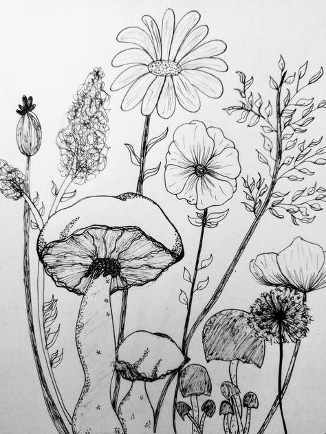 Mushrooms And Wildflowers, Wall Mushrooms, Mushrooms Drawing, Mushroom Drawing, Mushroom Art, Creative Tattoos, Tattoo Inspo, Fairy Core, Art Sketchbook