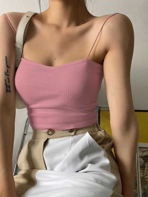 Pink Camisole, Cropped Camisole, Women Tank Tops, Knit Crop, Tank Top Cami, Rib Knit, Tank Tops Women, Camisole Top, Solid Color