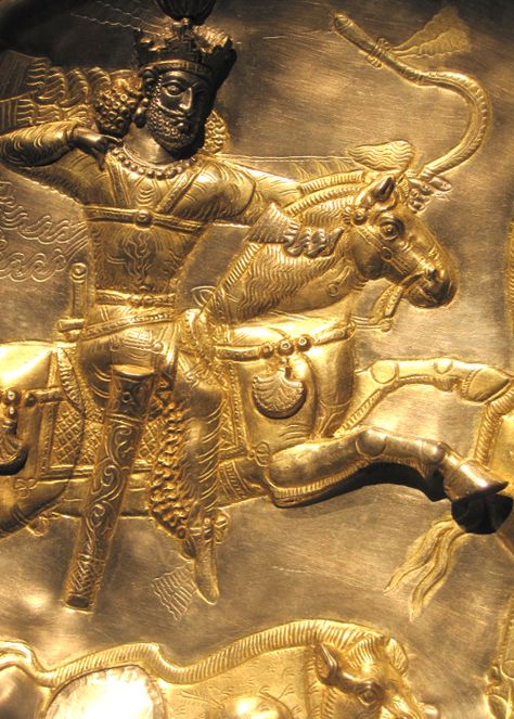 Detail of a 4th century CE gilded plate from the Sasanian period depicting a hunting scene. The capital of the Sassanid Persian Empire: Seleucia-Ctesiphon (near modern-day Baghdad) was one of the largest cities in the world. Freer and Sackler Galleries of the Smithsonian Institution, Washington, DC.  Photo by Babylon Chronicle Parthian Empire, Cradle Of Civilization, Hunting Scene, Ancient Persia, Ancient Near East, Persian Empire, Ancient Mesopotamia, Ancient Persian, Persian Culture