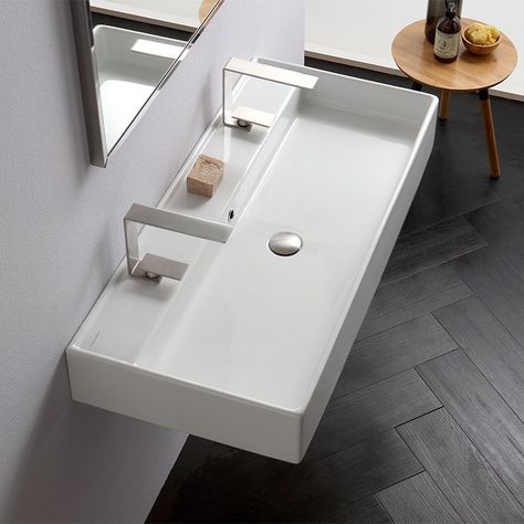 Trough Sink, Bathroom Sink, Faucet, Wall Mount, Wall, White