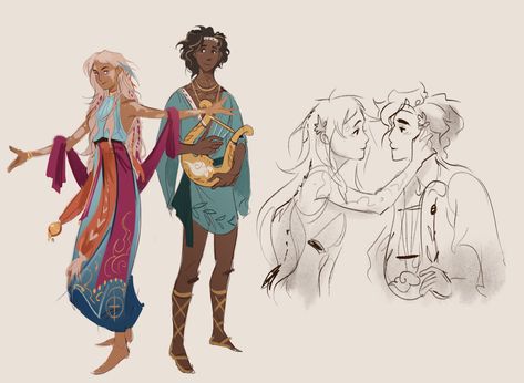 My character design for Orpheus and Eurydice :D I tried making them look like a hippie couple, thought it'd match the vibes of a musician and his muse. I enjoyed drawing them so much, so I might pos… Gigi Art Epic, Gigi Epic The Musical Art, Gigi Epic The Musical, Orpheus Hadestown, Greek God Design, Greek Mythology Stories, Orpheus And Eurydice, Greek Mythology Characters, Hippie Couple