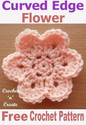 A free crochet pattern for a pretty curved edge flower, get this crochet motif on crochetncreate.com It's an easy pattern to crochet so also good for beginners. Crochet Free Pattern Flower, Easy Flowers To Crochet, Beginner Crochet Flower Pattern Free, Free Pattern For Crochet Flowers, Crochet Flower For Hats Free Pattern, Crochet Flower Motif Pattern, Crochet Patterns For Flowers Free, Crochet Pattern For Flowers Free, Crochet Flower Motifs