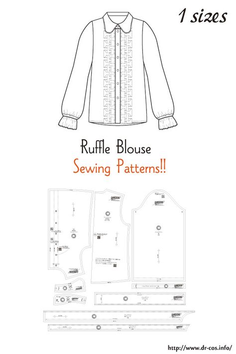 Ruffle Blouse Pattern, Shirt Blouse Pattern, Blouse Pattern Free, Ruffle Pattern, Japanese Sewing Patterns, Blouse Sewing, Crochet Stitches Diagram, Girls Dress Sewing Patterns, Crochet Stitches Free