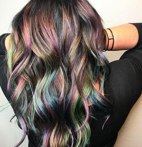 Mermaid Hair Brunette, Purple Brown Hair, Highlights Hair Color, Oil Slick Hair, Slick Hair, Dyed Hair Inspiration, Highlights Hair, Hair Guide, Hair Color Highlights