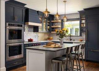 Hale Navy - Transitional - Kitchen - New York - by Thyme & Place Design LLC | Houzz Navy Kitchen Cabinets, Hale Navy Benjamin Moore, Navy Cabinets, Convection Wall Oven, Navy Kitchen, Recessed Panel Cabinets, Kitchen New York, Kitchen Finishes, L Shaped Kitchen