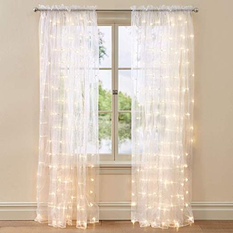 Light Curtains Bedroom, Fairy Light Curtain, Apartment Curtains, Sheet Curtains, Closet Curtains, Led Curtain Lights, Cute Curtains, Beachy Room, Warm White Led Lights