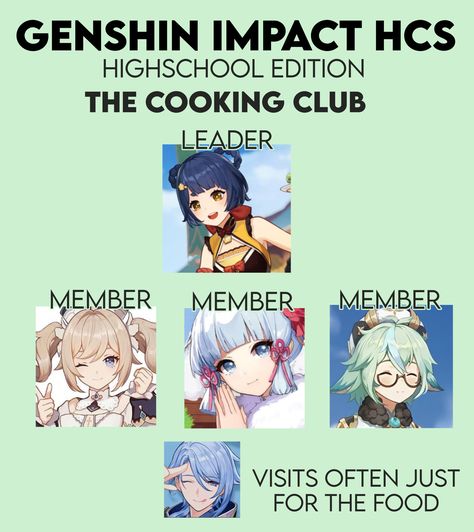 Genshin High School Au, Genshin School Au, High School Clubs, Genshin Highschool, Genshin Headcanons, Genshin Guys, Im Insane, Cooking Club, School Clubs