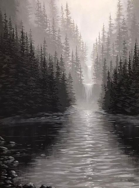 Bob Ross Black And White Painting, Gray Acrylic Painting Ideas, Grey Landscape Aesthetic, Grey Painting Aesthetic, Grey And White Paintings, Monochrome Art Painting Black White, Black And White Nature Painting, Black And White Forest Painting, Grey Painting Ideas