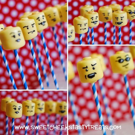 Lego Marshmallow Heads, Lego Marshmallow Pops, Lego Cake Pops, Lego Cookies, Lego Party Favors, Lego Cupcakes, Lego Friends Party, Lego Superheroes, Lego Ninjago Party