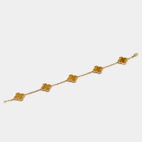 Van Cleef & Arpels Vintage Alhambra Tiger's Eye 18k Yellow Gold 5 Motif Station Bracelet Station Bracelet, Authentic Vans, Van Cleef Arpels, Van Cleef, Tiger's Eye, Tiger Eye, Yellow Gold, Luxury Fashion, Bracelet