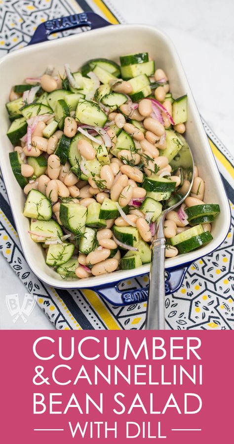 This quick & easy side dish is a favorite in my house, and a total lifesaver on busy summer nights when I don't want to turn on the stove or oven! Just 6 ingredients and a few minutes and it's ready! | Cucumber & Cannellini Bean Salad with Dill | #vegan #easysidedish #beansalad #weeknightmeal #nocook #eatyourveggies #fresh #dill #sidedish #recipe | via @bigflavors Quick Easy Side Dishes, Cannellini Bean Salad, Salad With Dill, Cannellini Bean, Decorações Com Comidas, Bean Salad Recipes, Easy Side Dish, Cucumber Recipes, Fresh Dill