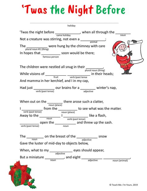 This Christmas Mad Libs printable is a great way to have some fun with your language arts this holiday season. Twas the Night Before Christmas gets a whole new spin in this fun parts of speech activity! Free Mad Libs, Free Printable Mad Libs, Funny Mad Libs, Mad Libs Printable, Christmas Mad Libs, Parts Of Speech Activities, Twas The Night Before Christmas, Christmas Worksheets, Mad Libs