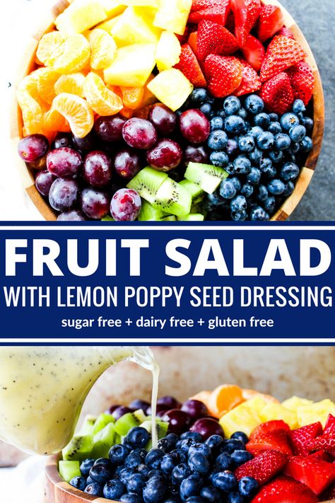 A beautiful fruit salad is made even more spectacular when you toss it in Lemon Poppy Seed Dressing. So colorful & sweet but with no sugar! Whole 30 Fruit Salad, Paleo Fruit Salad, Spring Fruit Salad, Citrus Fruit Salad, Gf Dinners, Salad Supreme, Lemon Poppy Seed Dressing, Cookout Recipes, Paleo Salad