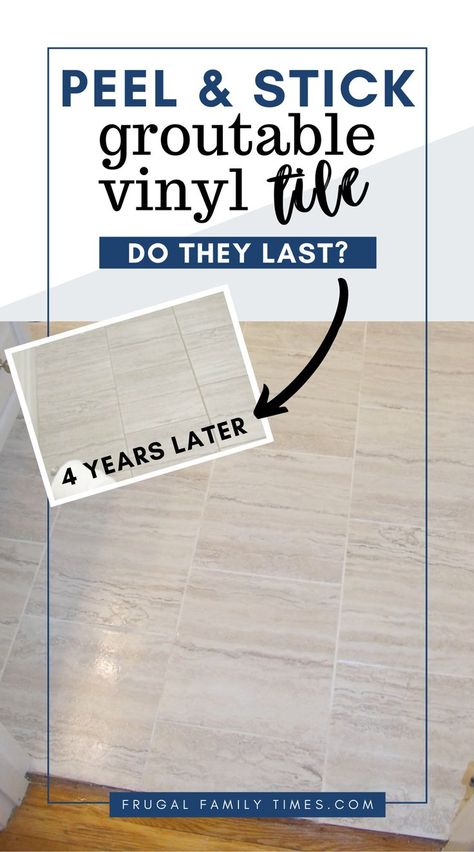 Groutable vinyl tile review: Are they actually durable? How do groutable peel and stick tiles hold up to years of use? Here's how ours have held up after more than 4 years. Also links to a great tutorial for installing and grouting vinyl tile. Grout Vinyl Tile, Vinyl Tile Flooring Peel And Stick, Groutable Vinyl Tile, How To Grout, Tile Diy, Mini Bathroom, Vinyl Sheet Flooring, Mobile Home Makeover, Peel And Stick Tiles