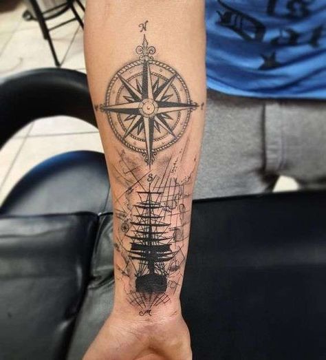 Nautical Star Tattoos, Pirate Tattoo, Compass Tattoo Design, Nautical Tattoo, Forearm Tattoo Women, Geniale Tattoos, Ship Tattoo, Star Tattoos, Trendy Tattoos