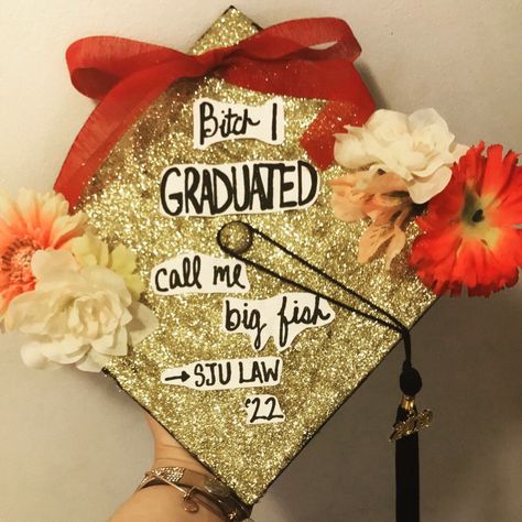 Going bad meek mill rap grad cap sparkly gold flowers College Ideas, Meek Mill, Cap Ideas, Graduation Caps, Grad Cap, Graduation Cap, Gold Flowers, Rap, Hats