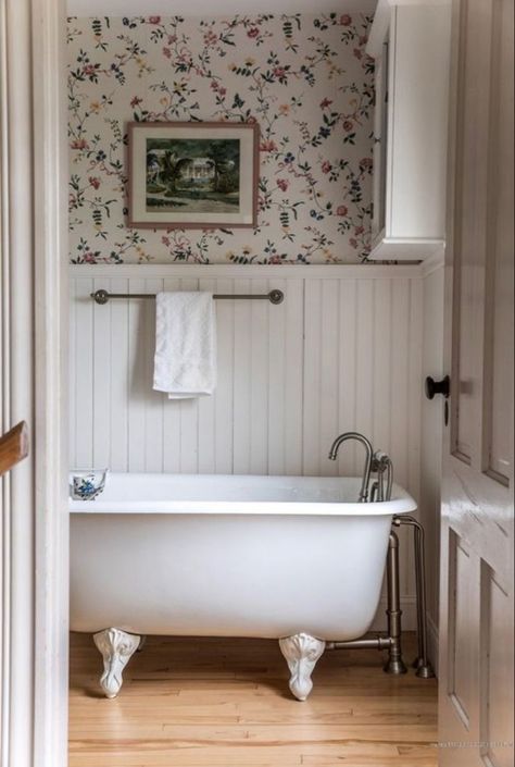 Wet Room With Clawfoot Tub, Clawfoot Tub Tile Surround, Small Clawfoot Tub Bathroom, Small Bathroom Cottage, Bathroom Remodel Clawfoot Tub, Cottage Small Bathroom, Old Farmhouse Bathroom, Small Bathroom With Clawfoot Tub, Clawfoot Tub Shower Combo