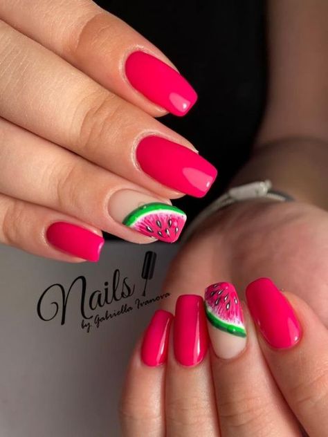 Summer Nails With Watermelon, Nail Art Watermelon, Pink Watermelon Nails, Watermelon Nails Acrylic, Nails With Watermelon, Watermelon Nails Design, Watermelon Manicure, Nails With Fruit, Summer Nails Watermelon