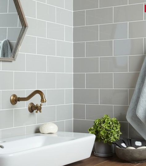 Central Light Grey Ceramic Wall 100x200mm Grey Metro Tiles Bathroom, Metro Tiles Bathroom, Grey Tile Pattern, Grey Kitchen Tiles, House Bathroom Ideas, Small Ensuite, Grey Wall Tiles, Ensuite Ideas, Loft Bathroom