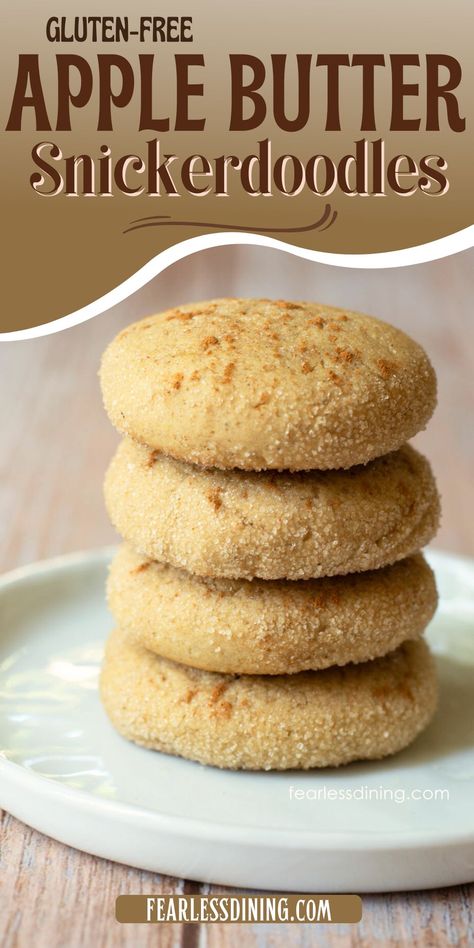 These delicious gluten free apple butter snickerdoodle cookies scream fall flavor. They are perfectly soft with so much cinnamon apple flavor. If you are looking for a great cookie to bake, this is the recipe to make. Gluten Free Apple Butter Cookies, Gluten Free Apple Cider Cookies, Gluten Free Fall Cookies, Gluten Free Desserts Chocolate, Gluten Free Recipes Dessert, Gluten Free Desserts Easy, Gf Deserts, Gluten Free Apple Recipes, Gluten Free Dressing