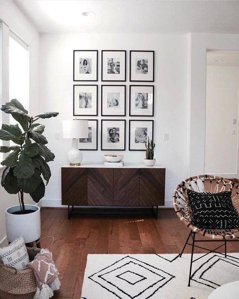 Opposite Wall on Instagram: “#Deco tip 💡To create a grid-style gallery wall, place 9 small framed art prints in a symmetrical matrix. Opt for classic black 'n white 👌We…” White Lounge Room, Daisy Chair, Black And White Lounge, White Boho Living Room, Lounge Room Ideas, Living Room Sideboard, White Lounge, White Interiors, Mid Century Living Room