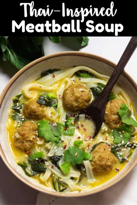 This Thai-Inspired Meatball Soup is what dreams are made of. A rich, umami-filled broth filled with perfectly flavored meatballs, delicious bok choy, and slurp-worthy rice noodles. This recipe comes together in 30 minutes and you need to make it NOW. Meatball Soup With Rice, Flavored Meatballs, Soup With Rice Noodles, Traditional Thai Food, Coco Puffs, Soup With Rice, Meatball Soup Recipes, Thai Soup, Chicken Snacks