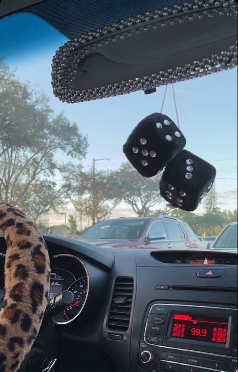 Dice In Car, Tan Car Interior Decor, Cute Car Accessories Aesthetic, Y2k Car Interior, Decorated Car Interior, Cozy Car Interior, Black Car Accessories, Fuzzy Dice, Accessories For Car