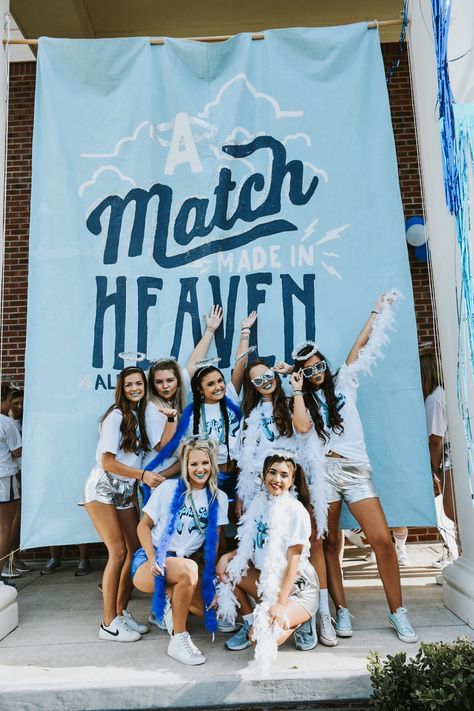 Alpha Gam is Heavenly!!!! Simple Bid Day Themes, Angel Number Bid Day, Alpha Xi Delta Bid Day, Rush Week Themes, Bid Day Themes Sorority, Sorority Bid Day Themes, Sorority Recruitment Themes, Sorority Rush Themes, Rush Themes