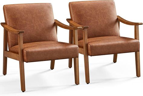 Yaheetech PU Leather Accent Chair, Mid-Century Modern Armchair with Solid Wood Legs, Reading Leisure Chair for Living Room Bedroom Waiting Room, Light Brown,Set of 2 Mid Century Modern Armchair, Accent Chair Set, Leather Accent Chair, Upholstered Accent Chairs, Large Chair, Modern Accent Chair, Leisure Chair, Modern Armchair, Barrel Chair