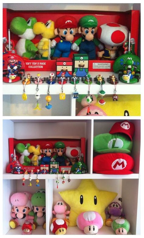 Mario Collection Room, Mario Plushies, Toy Collection Room, Mario Collection, Super Mario Toys, Closet Idea, Mario Toys, Mario Plush, Mario Stuff