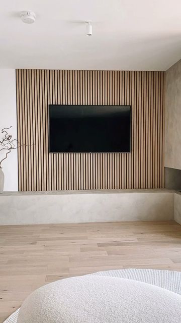 Fluted Wood Panel Tv Wall, Panelled Walls Tv Wall, Slat Wall Media Console, Acoustic Wall Panels Behind Tv, Slatwall Tv Wall, Tv Wall Wood Panel Bedroom, Tv Mounted On Wood Slat Wall, Media Wall Cladding, Slatted Media Wall