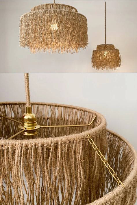 #life #pendant #organic #lamp #light #rope Ceiling Lamp Diy, Jute Lamp Shade, Diy Chandelier Ideas, Organic Lamp, Concrete Candle Holders Diy, Boho Pendant Light, Diy Macrame Projects, Giant Flowers Diy, Fringe Chandelier