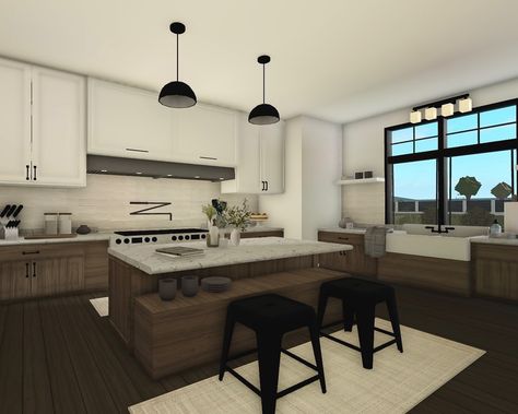 Rustic Bloxburg House Interior, Room Inspo Bloxburg, Suburban Kitchen, Bloxburg Interior, Bloxburg House Ideas Minimalist, Bloxburg Kitchen Ideas, Roblox House, Two Story House Design, Bloxburg Builds