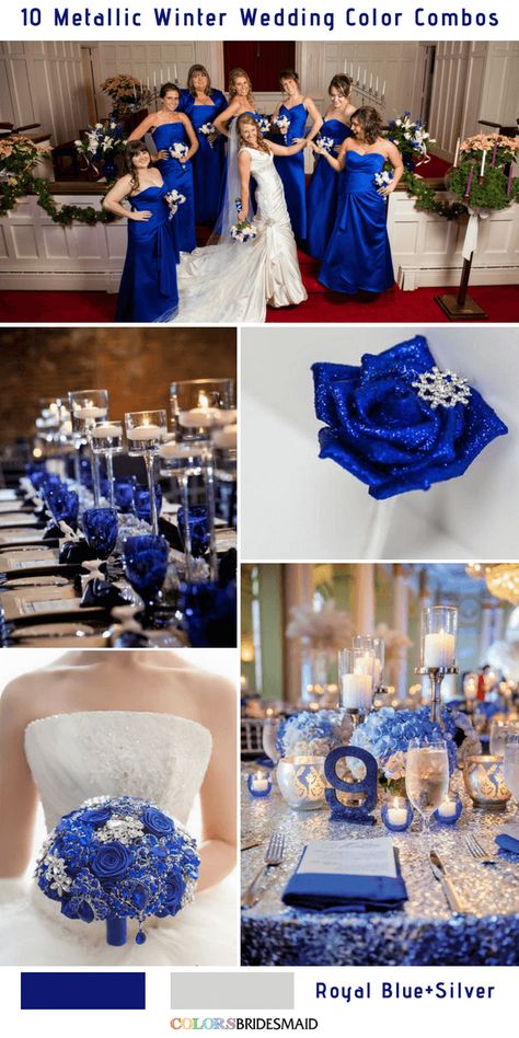 Winter Color Combos, Metallic Wedding Colors, Silver Winter Wedding, Royal Blue Wedding Theme, Silver Wedding Theme, Blue Silver Weddings, Royal Blue Bridesmaids, Winter Wedding Color Palette, Blue Wedding Decorations