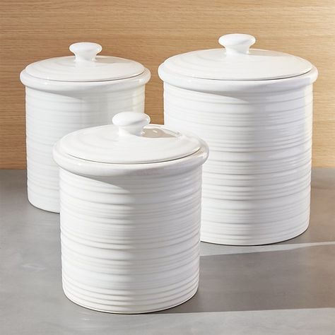 Crate & Barrel - Farmhouse Canisters #affiliate White Kitchen Canisters, Farmhouse Kitchen Canisters, Farmhouse Dinnerware, Farmhouse Canisters, Barrel Decor, Plastic Crates, Crate Barrel, Plywood Furniture, Kitchen Canisters